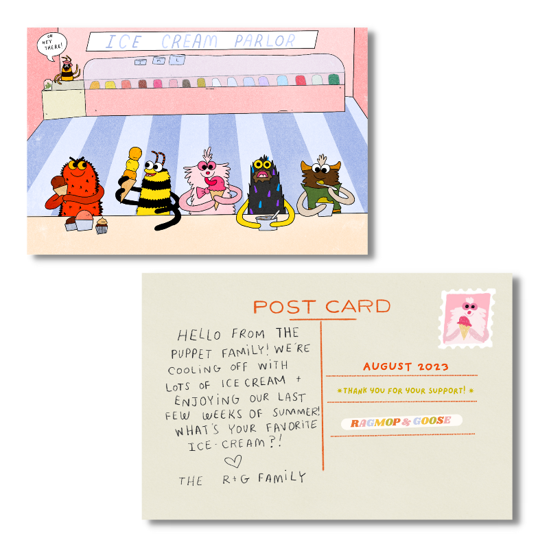 August 2023 - Puppet Ice Cream Date - Exclusive Patreon Postcard