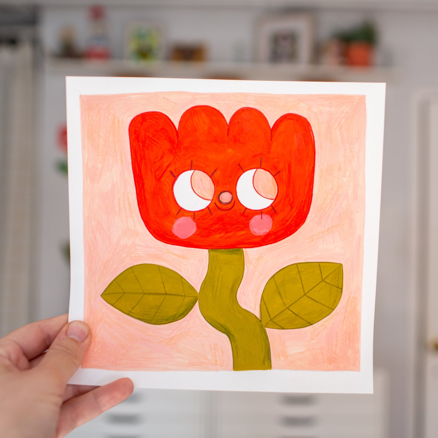 Red Tulip - 8x8 Original Gouache Painting